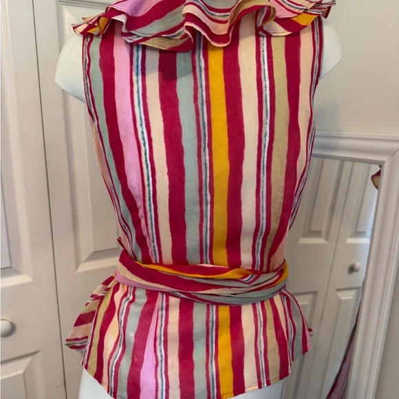 Lauren Ralph NWTS Multi Pink Sleeveless Ruffle Wrap Top Deep Vneck Size Small - Picture 7 of 12